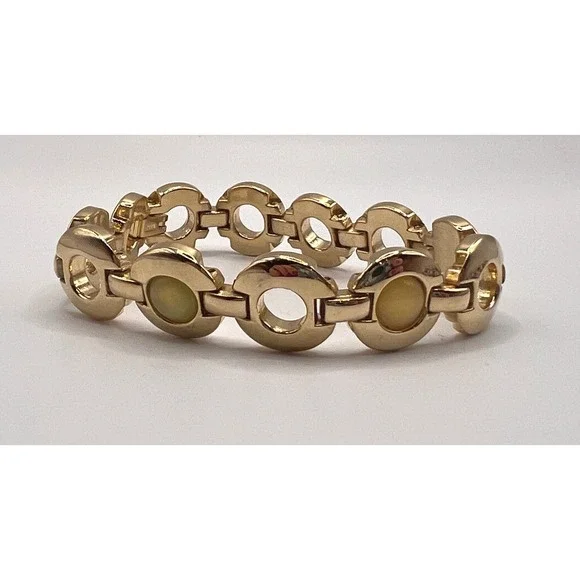 Gold Tone Circle Link Bracelet‎ With Light Yellow Cabochon Inlay 7.5” - Picture 4 of 8